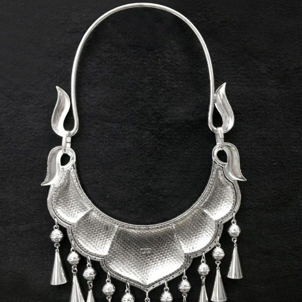 Ethnic Tribal Embroidered Rose Silver Necklace | Tibetan Charm Pendant Bells - Picture 4 of 4